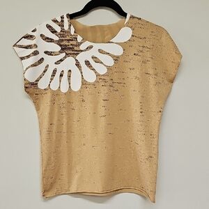 Fendi Tan and White Women's Logo Tee, Size 42, Cap Sleeve, Raw Edge Hem